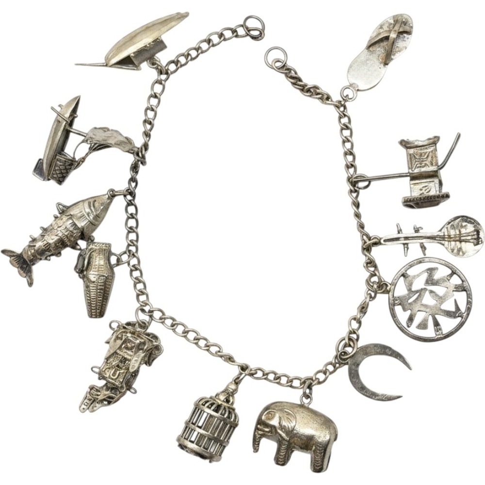 Vintage Chinese Export Silver 12 Charm Bracelet OS Silver Fair Articulated Fish